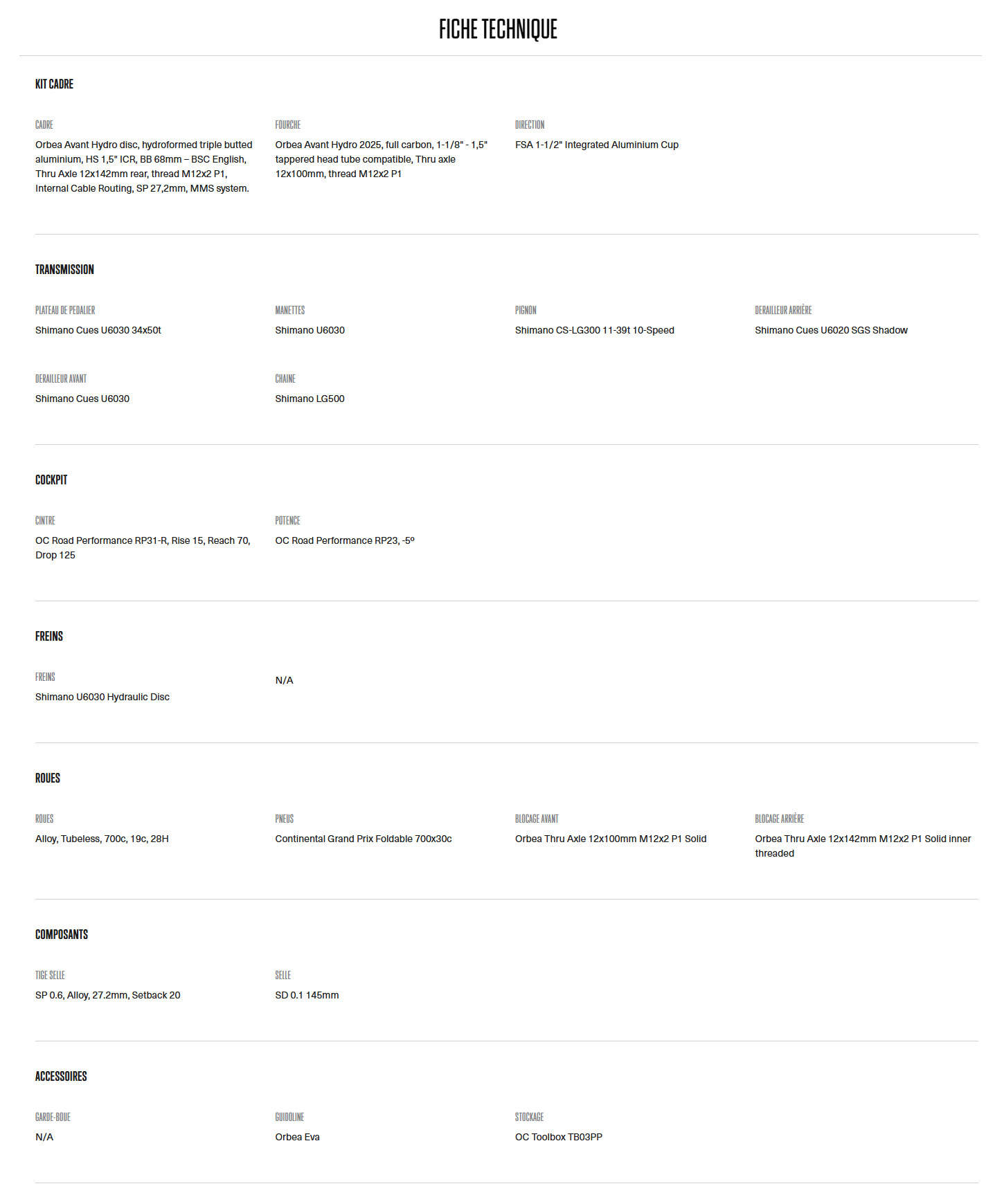 Caractéristique technique du vélo Avant h40 année 2026